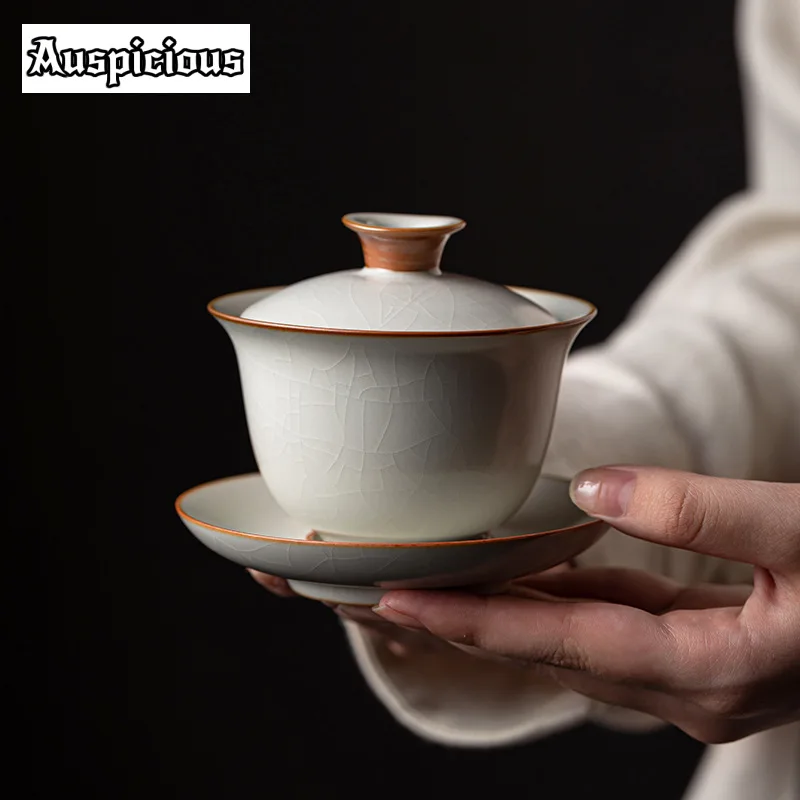 

160ml Handmade Ice Cracked Gaiwan Elegant Ru Kiln Porcelain Tea Tureen Tea Brewing Cover Bowl Chinese Teaset Ornament Collection