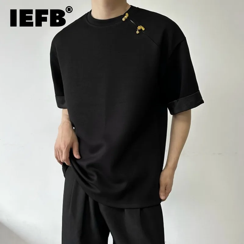 

IEFB T-shirt Men's 2024 New Summer Chinese Style Jacquard Cuff O-neck Tees Loose Solid Color Senior Sense Chic Top Men 9C5815