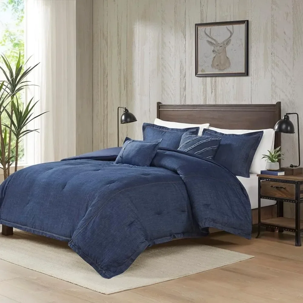 

Cabin Quilt Set - Four Seasons Down Replacement Warm Bedding Layer and Matching Illusion, Oversized Queen, Perry, Denim Blue