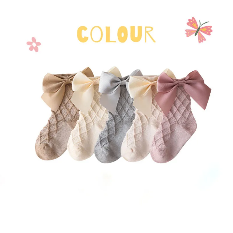 

5 Pairs a Lot New Spring Kids Baby Socks Lovely Diamond Grid Pattern Girls Bow Knot Socks Elastic Infant Accessories