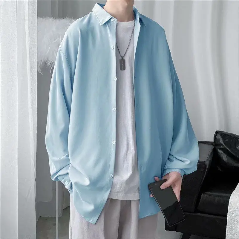 

2024 Spring and Summer Hong Kong Style Salt Solid Color Light Mature Style Top Minimalist Flip Collar Casual Loose Shirt for Men