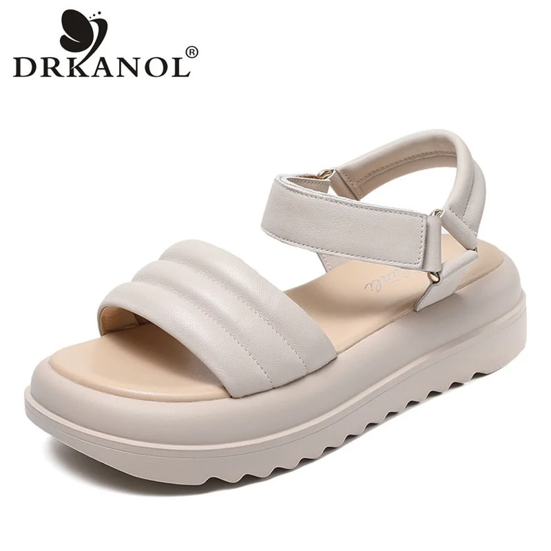 

DRKANOL Fashion Concise Chunky Sandals Women Wedges Platform Heel Open Toe Sandals Genuine Leather Hook And Loop Summer Shoes