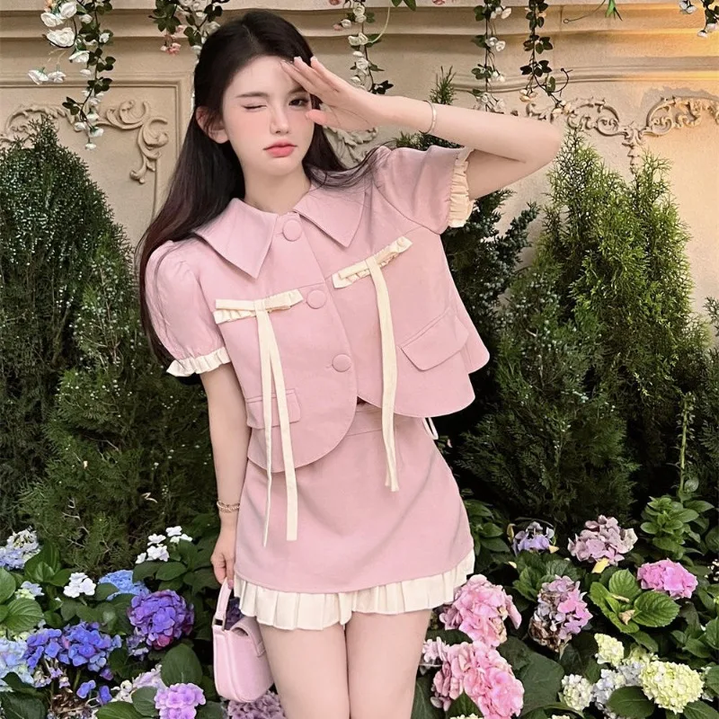 

Korean Sweet Bubble Sleeve Coat Skirt Two-piece Set Girl Fashion Polo Neck Strap Contrast Color Flounce College Slim Summer Suit