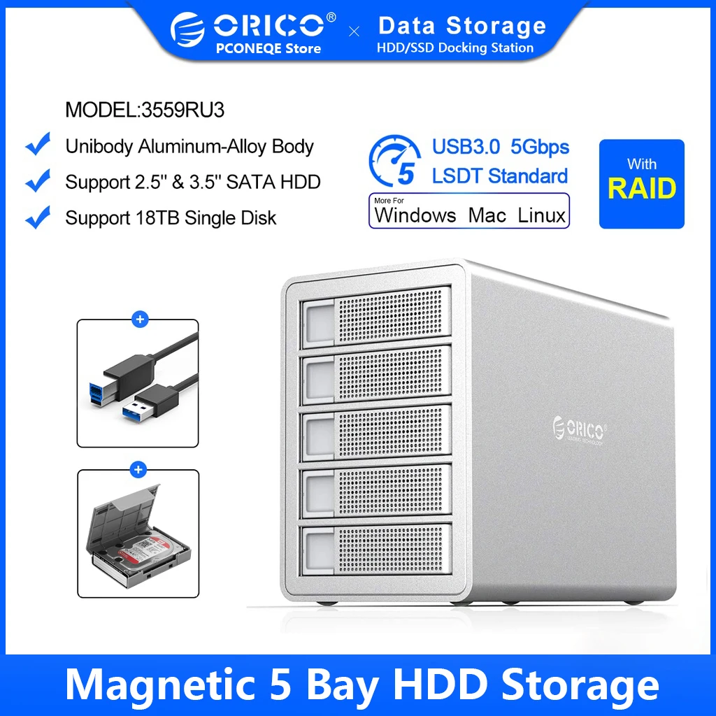 

ORICO 35 Series Enterprise 5 bay 3.5'' HDD Docking Station USB3.0 to SATA With RAID HDD Enclosure 150W Internal Power HDD Case