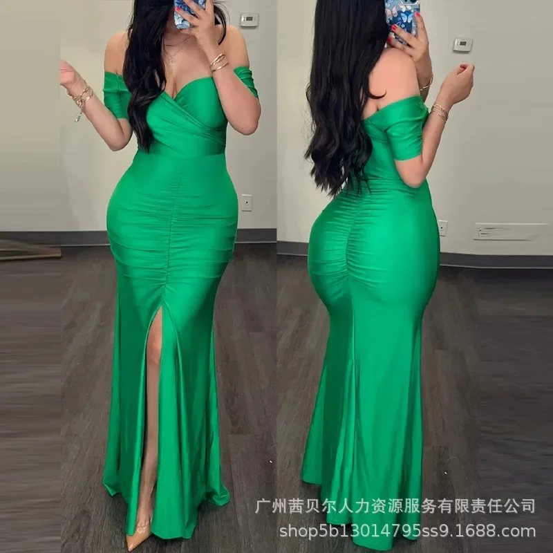 

Elegant Off Shoulder Slit Ruched Overlap Bodycon Party Dress Sexy Y2K Women V Neck High Waist Corset Evening Graduation Dress