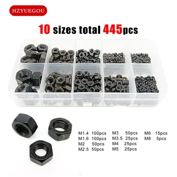 소형 마이크로 육각 너트 세트, 모음 키트 박스, 블랙 탄소강 황동 M1.4 M1.6 M2 M2.5 M3 M3.5 M4 M5 M6 M8, DIN934, 445 개 상품 이미지