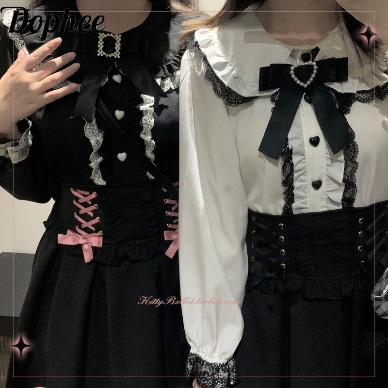 

Dophee Original Japan Style Gothic Shirts Women Ruffles Lace Splicing Cute Peter Pan Collar Blouses Elegant Long Sleeve Tops