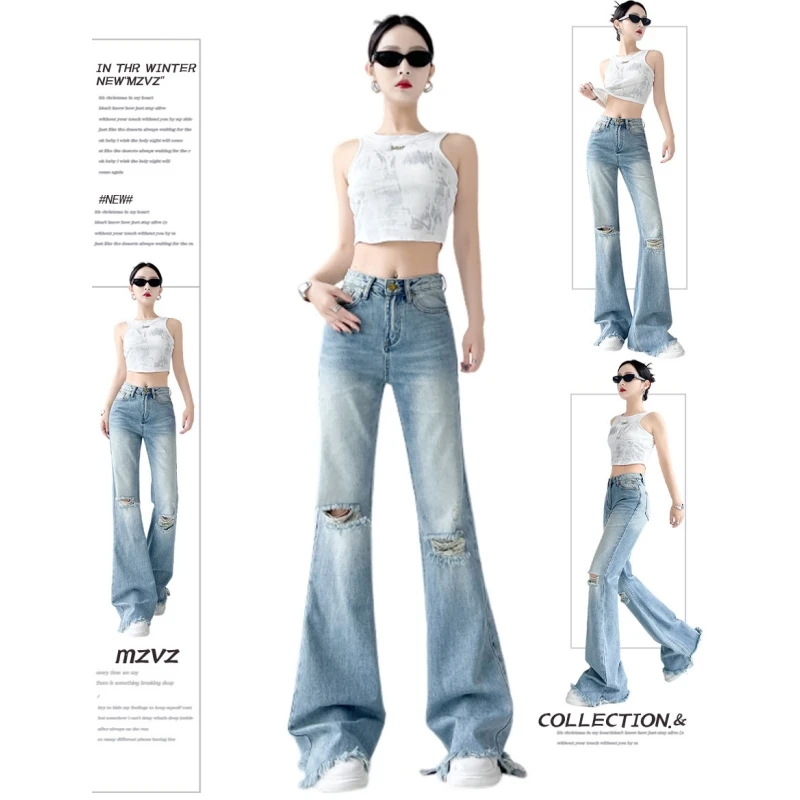 

Blue Flared Pants Womens Jeans High Waist Straight Baggy Denim Pants American Korean Fashion Y2K Female Wide Leg Denim Trouser