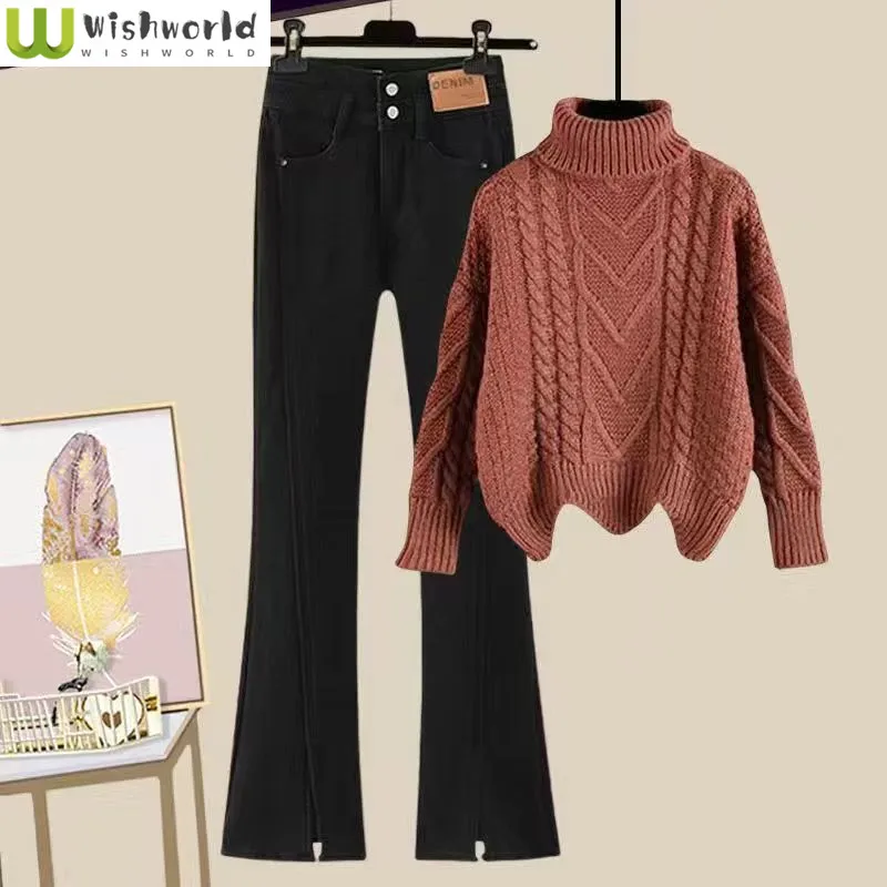 Korean Fashion High-neck Sweater Knitted Sweater Pullover Wide Leg Jeans Two-piece Elegant Women's Pants Set Winter Outfits
Korean Fashion High-neck Sweater Knitted Sweater Pullover Wide Leg Jeans Two-piece Elegant Women's Pants Set Winter Outfits