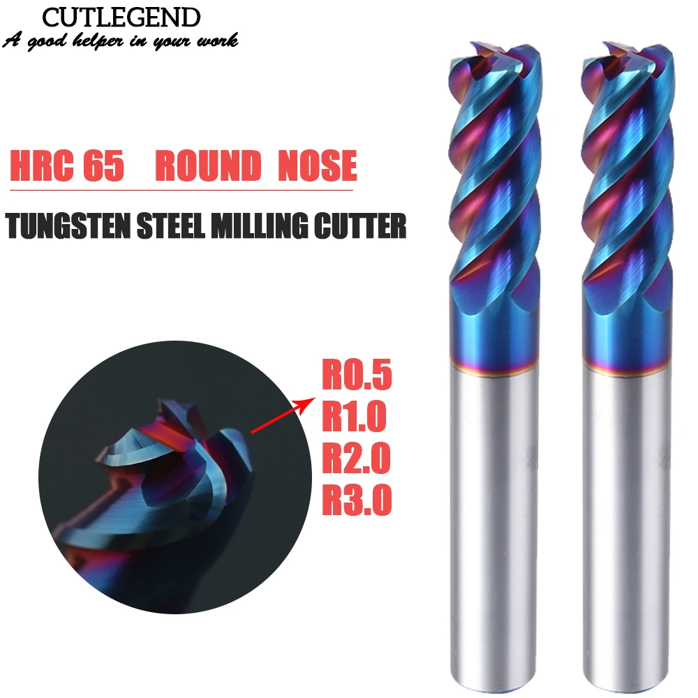 

HRC65 hard alloy protruding 4 flute 4 6 8 10XR0.5/R1/R2 angle round nose 50/75/100/150mm Length Tungsten steel milling cutter