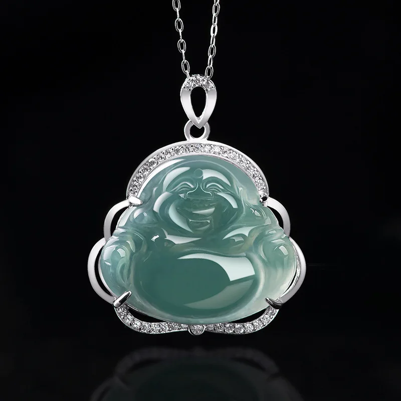 

Natural A-grade Jade Blue Water Buddha Lord Maitreya Buddha Pendant S925 Silver Inlaid Necklace Ice Jadeite Charms For Women