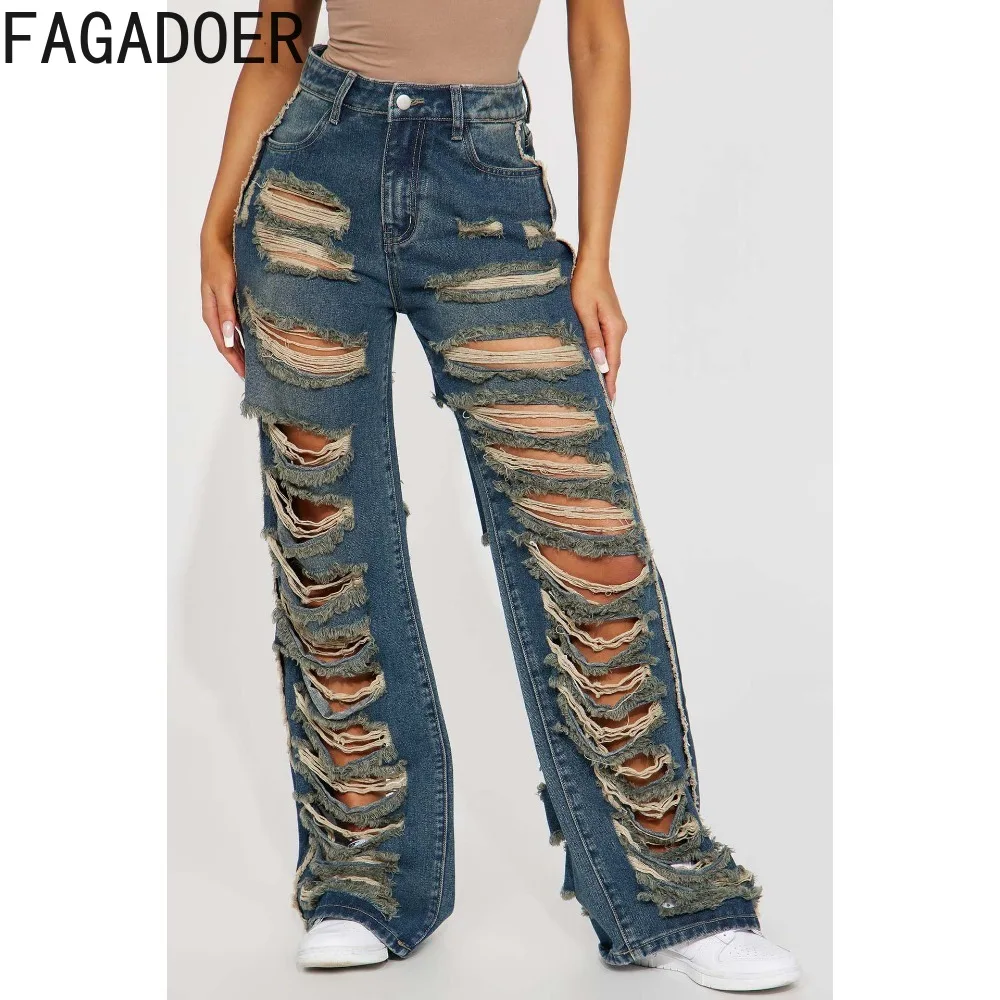 

FAGADOER Fashion Vintage Denim Hole Loose Pants Women High Waisted Button Straight Jean Trousers Casual Matching Cowboy Bottoms