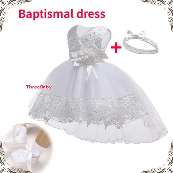 여자 아기 드레스, 0, 6 개월, 흰색 세례식 드레스, 레이스 후행 공주 드레스, 유아 생일 복장, 웨딩 드레스