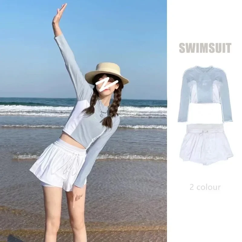 

Long Sleeved Swimsuit for Women's Belly New Sunscreen Cover Up One Piece Dress Swimwear Korean Hot Spring Vacation Bathing Suit