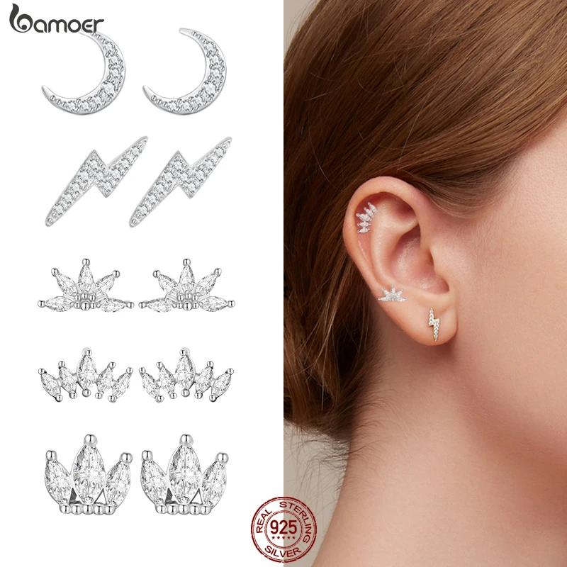 

Bamoer 925 Sterling Silver Lightning Stud Earrings for Women Fashion Earrrings Jewerly Wedding Gift Sparkling Ear Studs VSE160