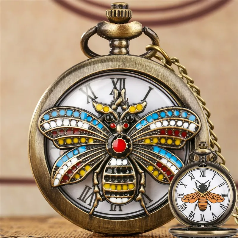 

Bronze Pocket Watch Hollow Out Animal Bee Cover Men Women Quartz Analog Clock Roman Number Dial Fob Sweater Chain Timepiece