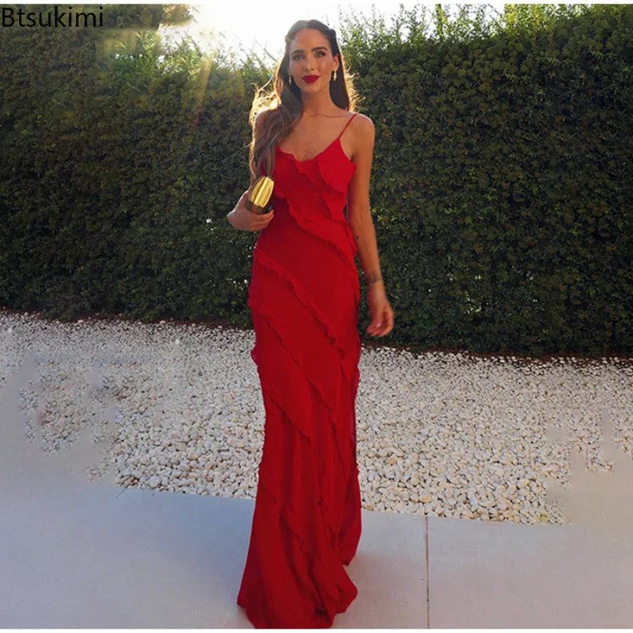 2024 Women's Ruffles Chiffon Maxi Dresses Backlesss Split Sexy Porm Dress Red Long Summer Wedding Party Dress Elegant Vestidos
2024 Women's Ruffles Chiffon Maxi Dresses Backlesss Split Sexy Porm Dress Red Long Summer Wedding Party Dress Elegant Vestidos