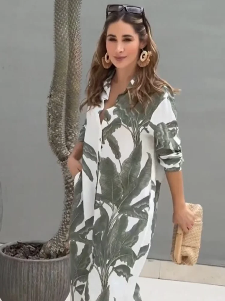 Модное зеленое платье-рубашка с карманом и принтом, женские элегантные платья с одной грудью и длинным рукавом, Женская Повседневная Уличная одежда 2024 
Модное зеленое платье-рубашка с карманом и принтом, женские элегантные платья с одной грудью и длинным рукавом, Женская Повседневная Уличная одежда 2024