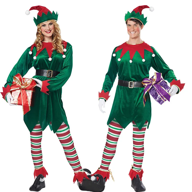

Deluxe Santa Claus Christmas Green Elf Cosplay Costume Xmas Carnival Fancy Party Dress Couple New Year Clothes Set For Women Men
