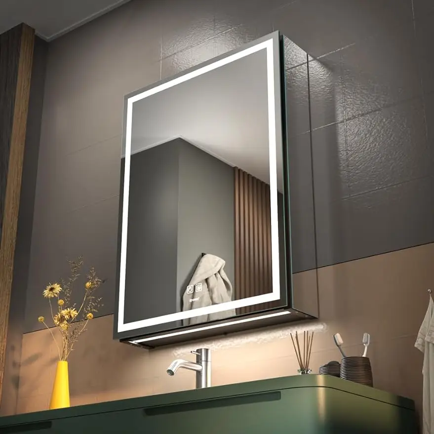 

Зеркальный шкаф для ванной комнаты с подсветкой и розетками, противотуманная Регулируемая яркость и регулировка цвета, защита от ржавчины и Eas