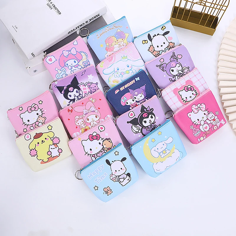 

Кошелек Hello Kitty, кошельки для монет, милый кошелек из искусственной кожи с мультяшным принтом мелодии, сумка для хранения ключей, Милая мини-сумка Sanrio Kuromi