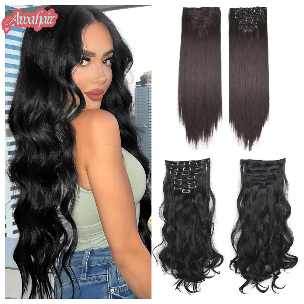 

Awahair Clip In Hair Extensions 8 Pcs/Set 24inch Straight Hairpiece Curly 16 Clips In Hair Ombre Heat Resistant Fiber