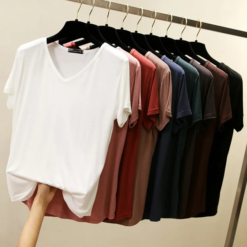 

Plus size V-Neck Tshirt Women Summer Loose Tees Modal casual T-shirt Solid color Bottoming Tee Tops