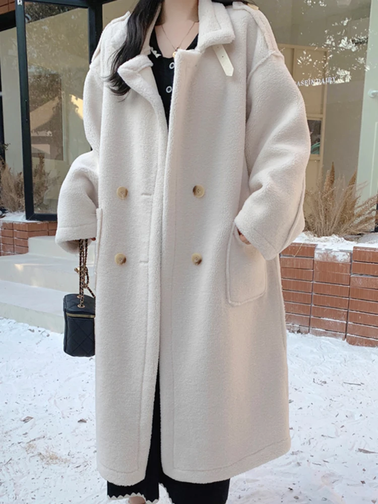 

FTLZZ Winter Women Lapel Double Breasted Long Coat Casual Lady Loose Thick Warm Lamb Wool Coat Elegant Outwear