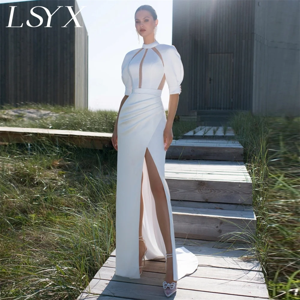 

LSYX High-Neck Puff Sleeves Cut Out Crepe Mermaid Wedding Dress Zipper Back High Side Slit Floor Length Bridal Gown Custom Made