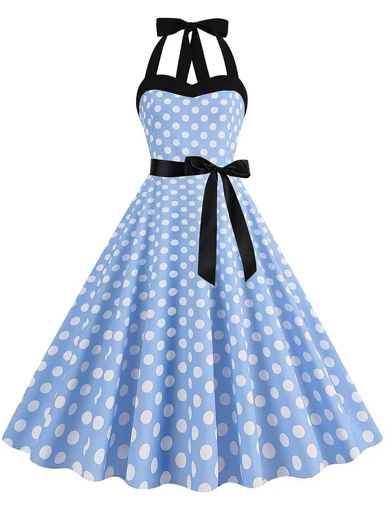 

Halter Women Polka Dot Vintage Dress Casual Pinup 50s 60s Swing Summer Party Dresses with Belt