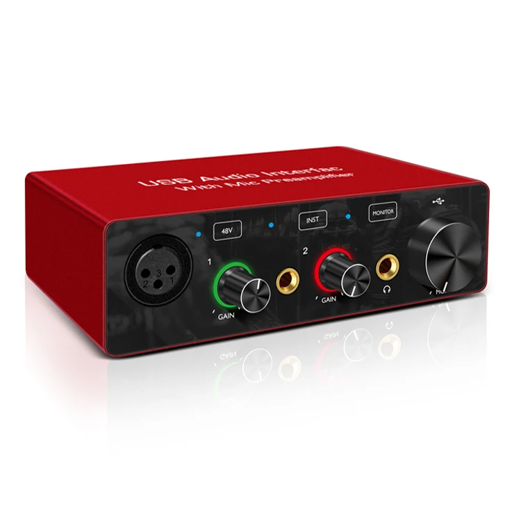 High quality Support 48V phantom power Microphone 2-IN, 2-OUT USB Audio Interface
High quality Support 48V phantom power Microphone 2-IN, 2-OUT USB Audio Interface