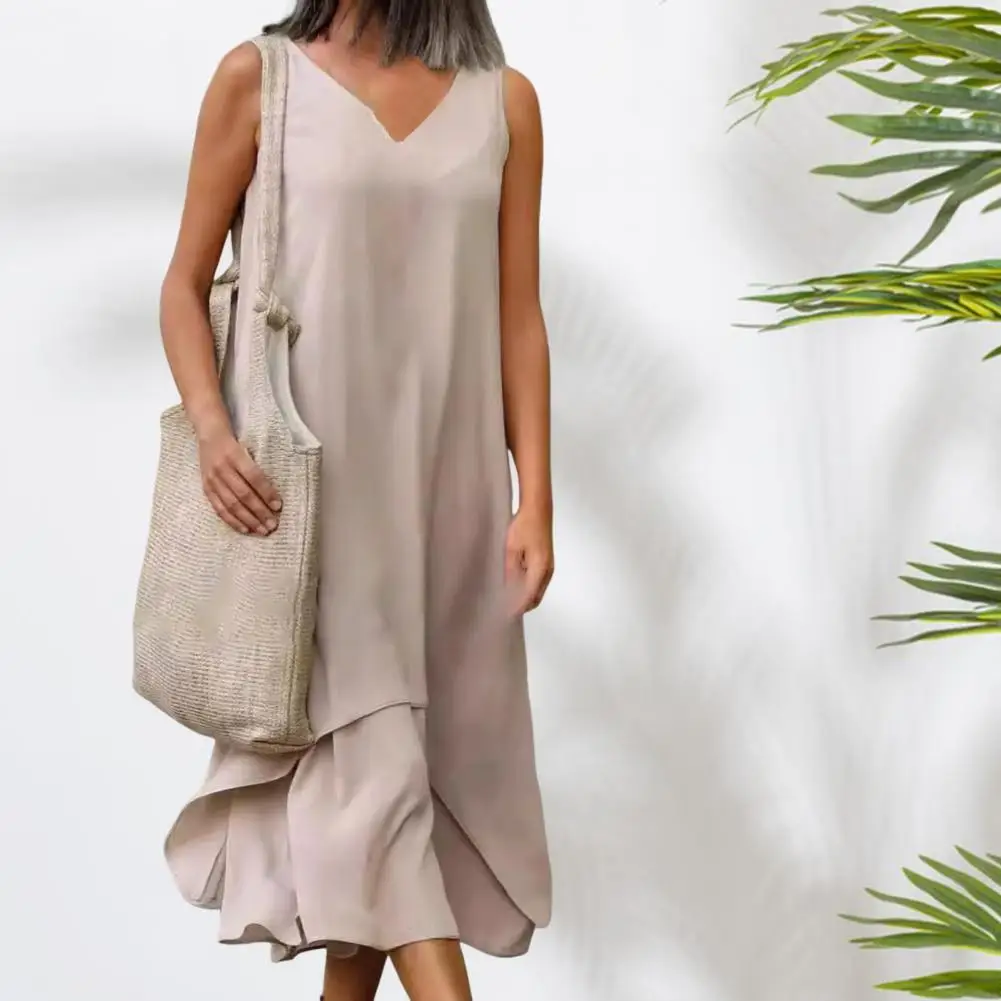 

Lady Maxi Dress A-line Solid Color Shoulderless Ankle Length Vest Type Sleeveless Loose Soft Casual Round Neck Side Split Lady