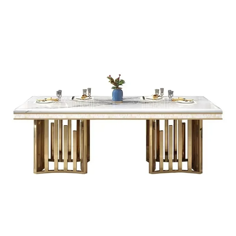 Luxury stainless steel marble dining table and chair combination simple modern large table household rectangular table.
Luxury stainless steel marble dining table and chair combination simple modern large table household rectangular table.