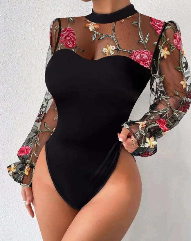 

Bodysuit Women Summer Fashion Floral Embroidery Sheer Mesh Sexy Mock Neck Long Sleeve Skinny Daily Semi-Sheer Bodysuit