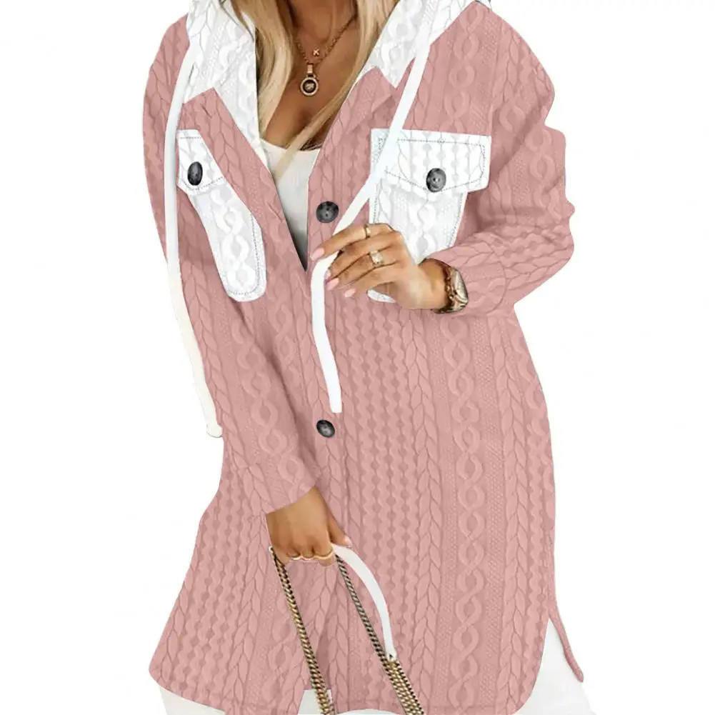 

Oversized Hooded Cardigan Stylish Hooded Sweater Coat with Twisted Pattern Contrast Color for Women Thick Knitted Mid Length