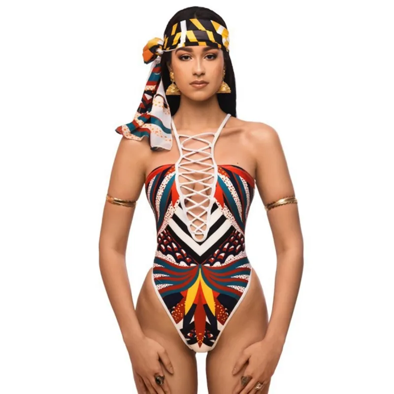 

Africa Printed Tribal One Piece Swimwear Women High Cut Lace Push Up Swimsuit Ethnic Design Beachwear Women Monokini Bandage