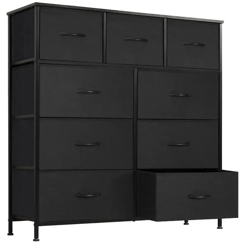 

awer Dresser, Fabric Storage Tower floset, Tall Chest Organizer Unit with Fabric Bins, Steel Frame, Wood Top, Easy Pull Handle