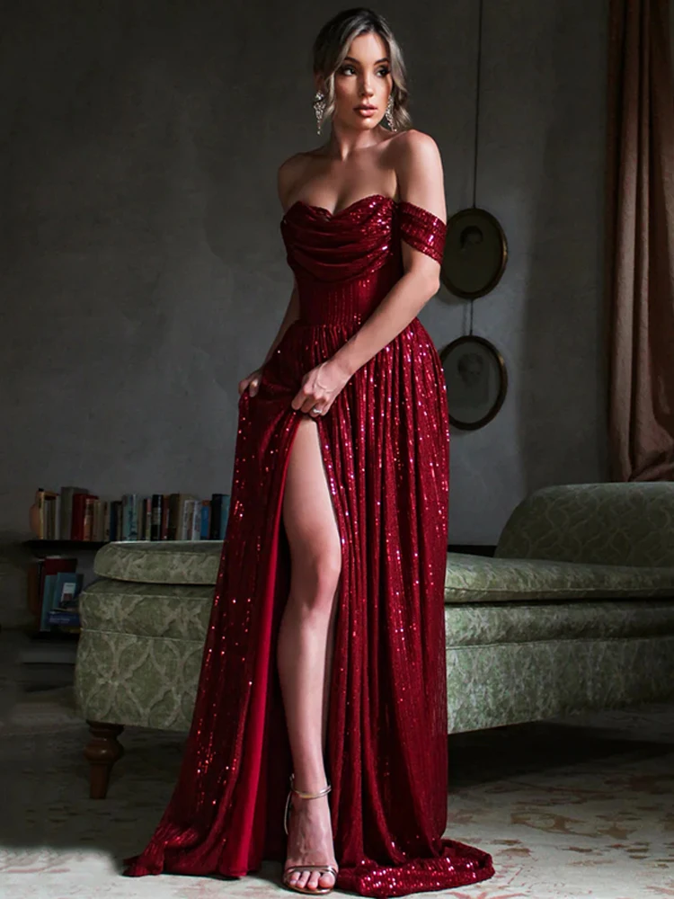 

Women's Sexy One-shoulder Off-shoulder Chest-wrapped Dress Solid Sequined Slit Burgundy Dress