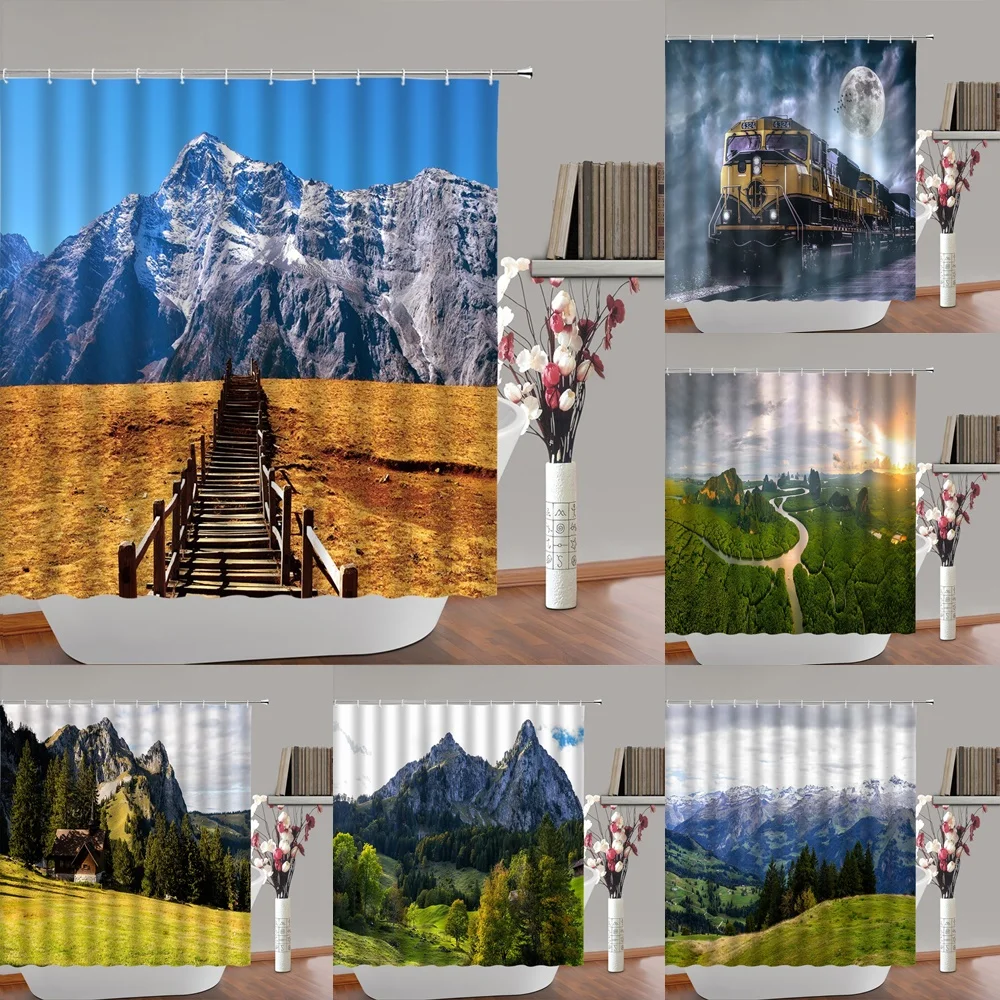 

Natural Scenery Shower Curtain Mountains Forest Tree Landscape Waterproof Fabric Bath Curtains Set for Bathroom Decor With Hooks
