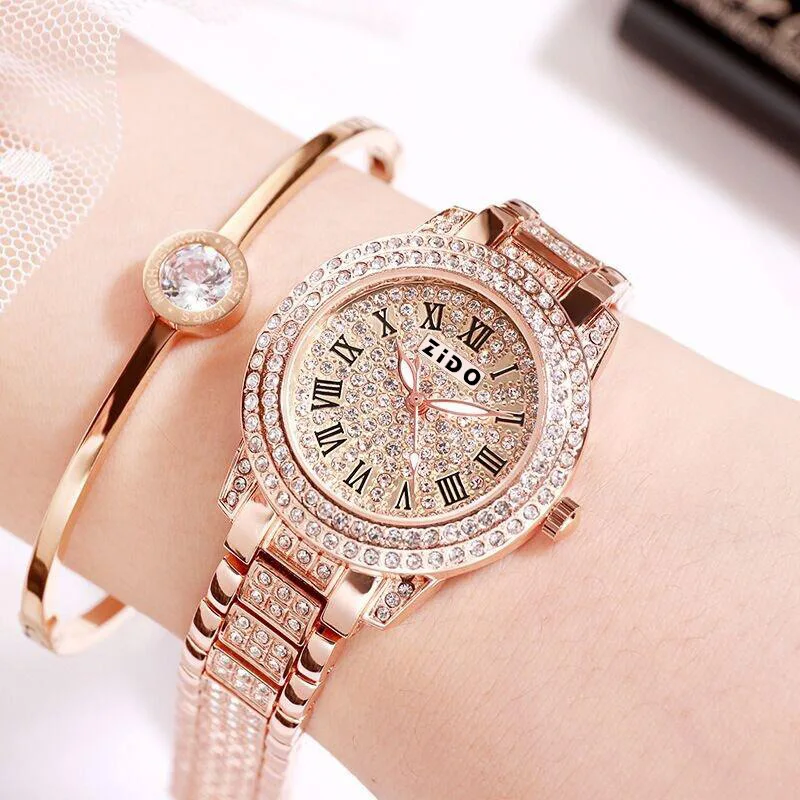 

Luxury Brand Women's Watch Leather Strap Rhinestone Inlay Dial Fashion Quartz Watch for Women Gift Clock