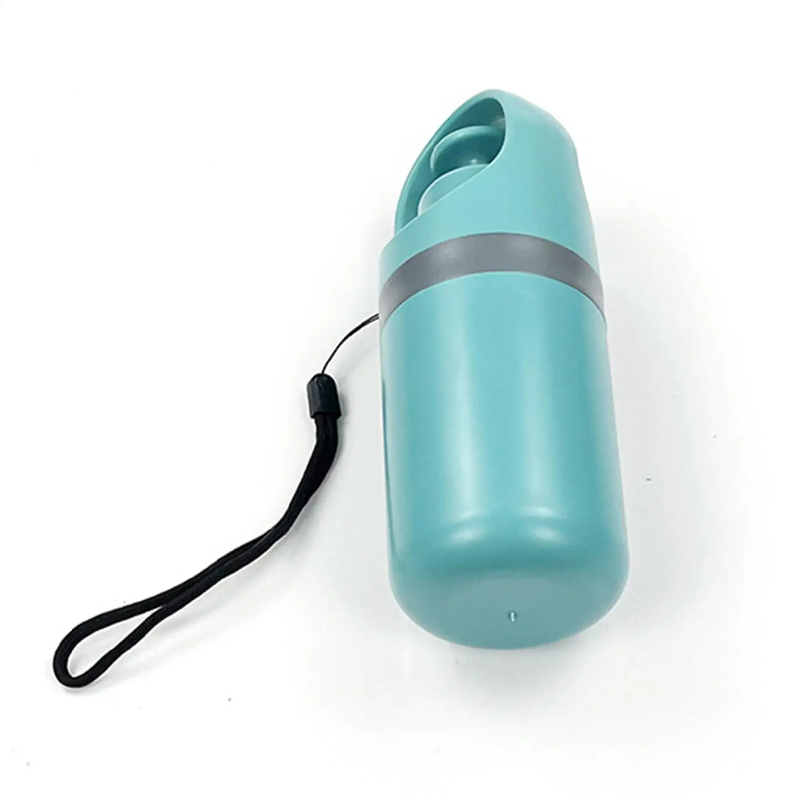 Dog Poop Scooper | Dog Waste Picker The pet scooper shown in its fully closed and portable state. The teal cover is attached, hiding the claws and creating a smooth, pill-shaped capsule with a black wrist strap attached.