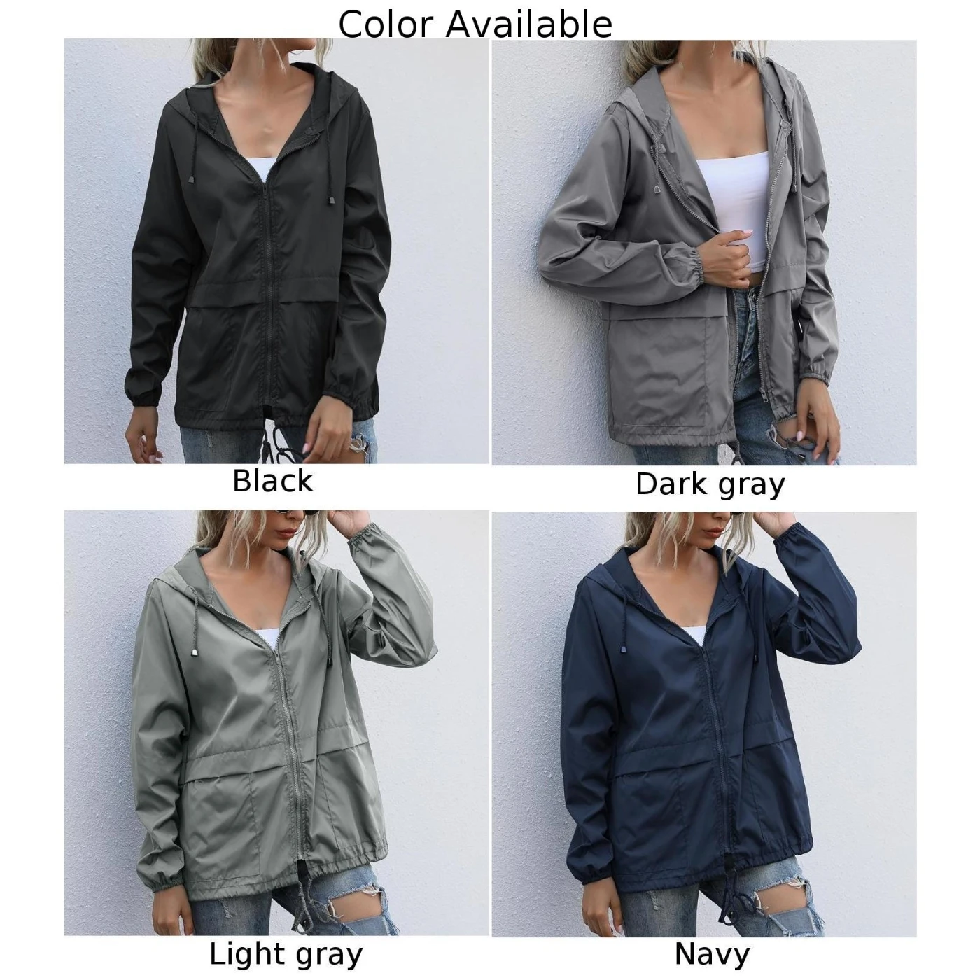Ladies Lightweight Waterproof Jacket Outdoor Hooded Windbreaker Coat Stay Dry and Stylish Available in Black Navy Light Gray
Ladies Lightweight Waterproof Jacket Outdoor Hooded Windbreaker Coat Stay Dry and Stylish Available in Black Navy Light Gray