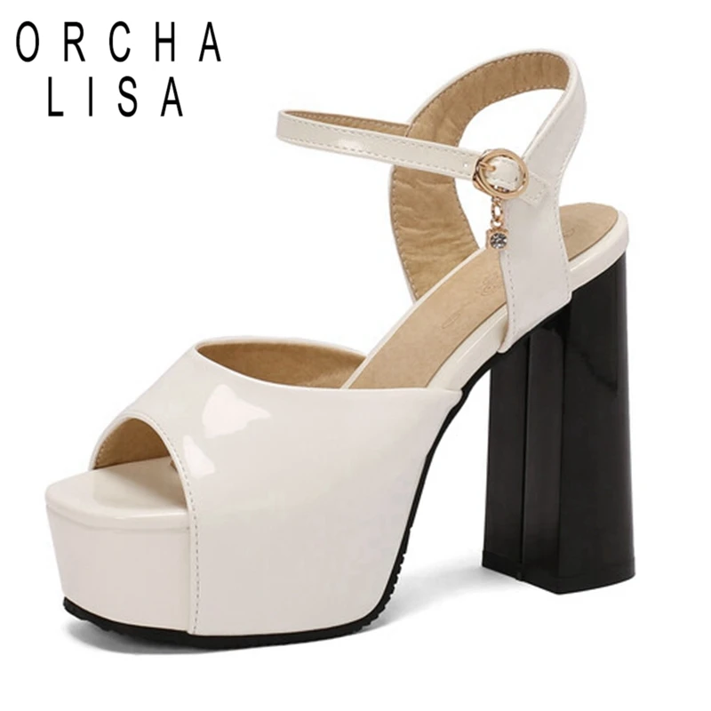 

ORCHA LISA Elegant Open Toe Women Sandals 12cm Thick Block Heel 4cm Platform Ankle Buckles Big Size 48 49 50 Black White Gold