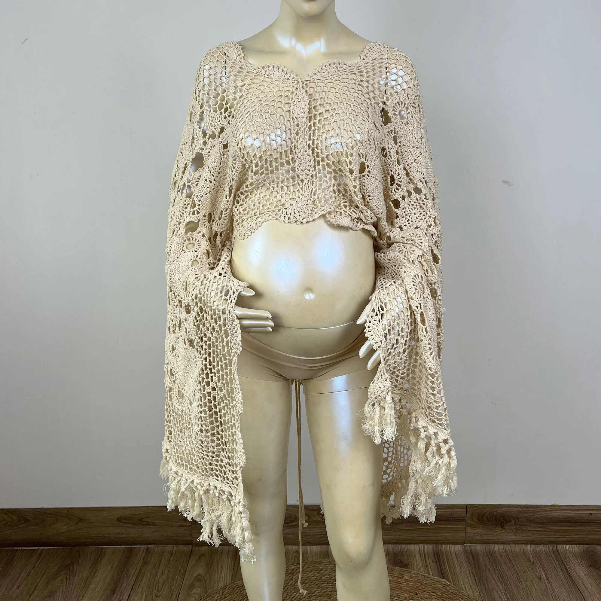 

Don&Judy Boho Crochet Cotton Maternity Cape Top Dresses Photoshoot for Pregnant Women Tippet Clothes Sexy V Costume Baby Shower