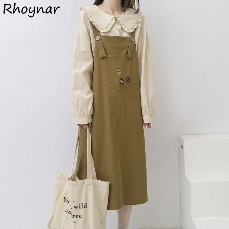 

Vintage Midi Dress Women Baggy Sleeveless Clothing Temper Aesthetics Preppy Korean Fashion Front Pockets Vestidos Girlish Chic