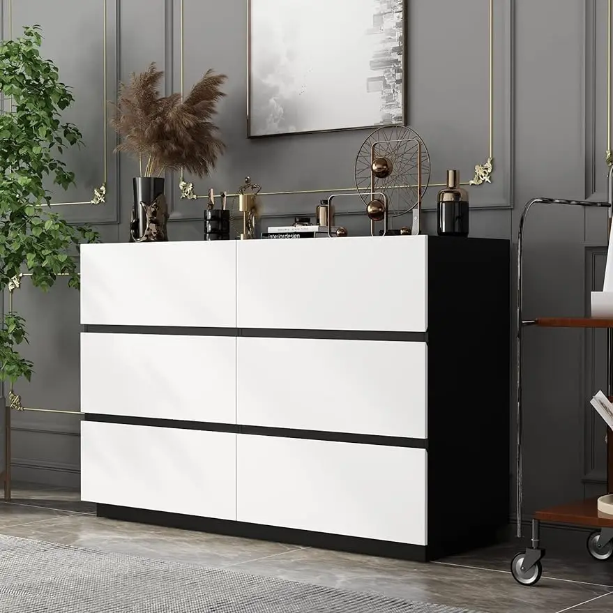 

Modern Double Dresser for Bedroom, 6 Drawer Dresser with Wide Drawers and Metal Handles, Wood Floor Storage Chest of Drawers