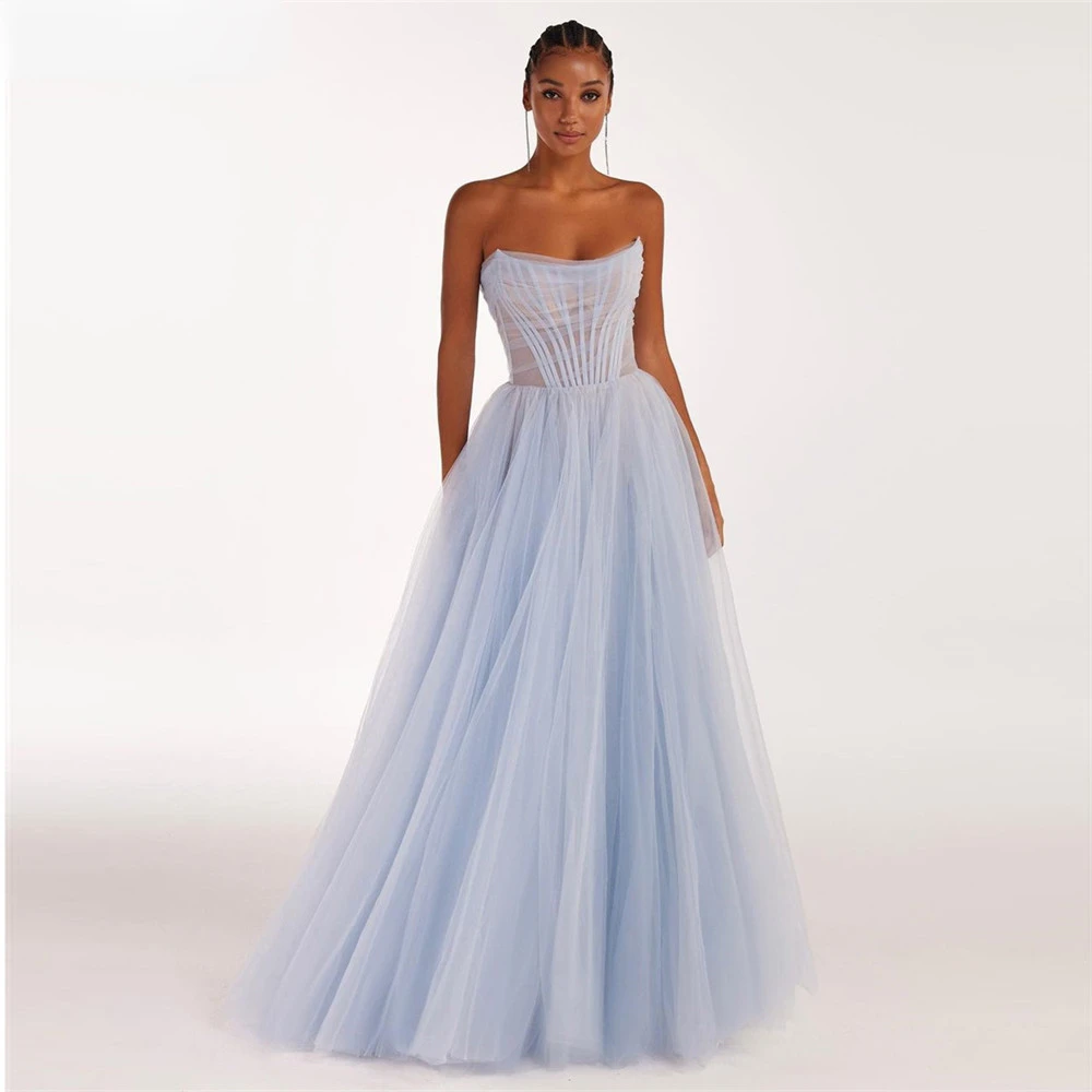 

Strapless Sheer Prom Dresses 2023 Sexy Floor Length Illusion Bodice Pleated Tulle Backless Formal Evening Celebrity Party Gown