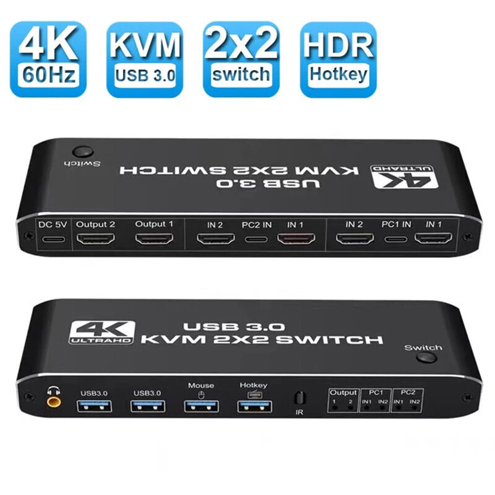 Dual Monitor KVM Switch 2x2 USB3.0 KVM Switch 2 in 2 out 4K 60Hz 2x2 Mixed Display 2 Monitors 2 Computer for PC Laptop
Dual Monitor KVM Switch 2x2 USB3.0 KVM Switch 2 in 2 out 4K 60Hz 2x2 Mixed Display 2 Monitors 2 Computer for PC Laptop