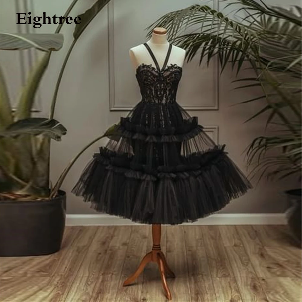 Eightree Black Modern Prom Dresses Lace Appliques O Neck Tea Length Tiered Ruffles Halter Short Party Grown Robe De Soirée 2023
Eightree Black Modern Prom Dresses Lace Appliques O Neck Tea Length Tiered Ruffles Halter Short Party Grown Robe De Soirée 2023