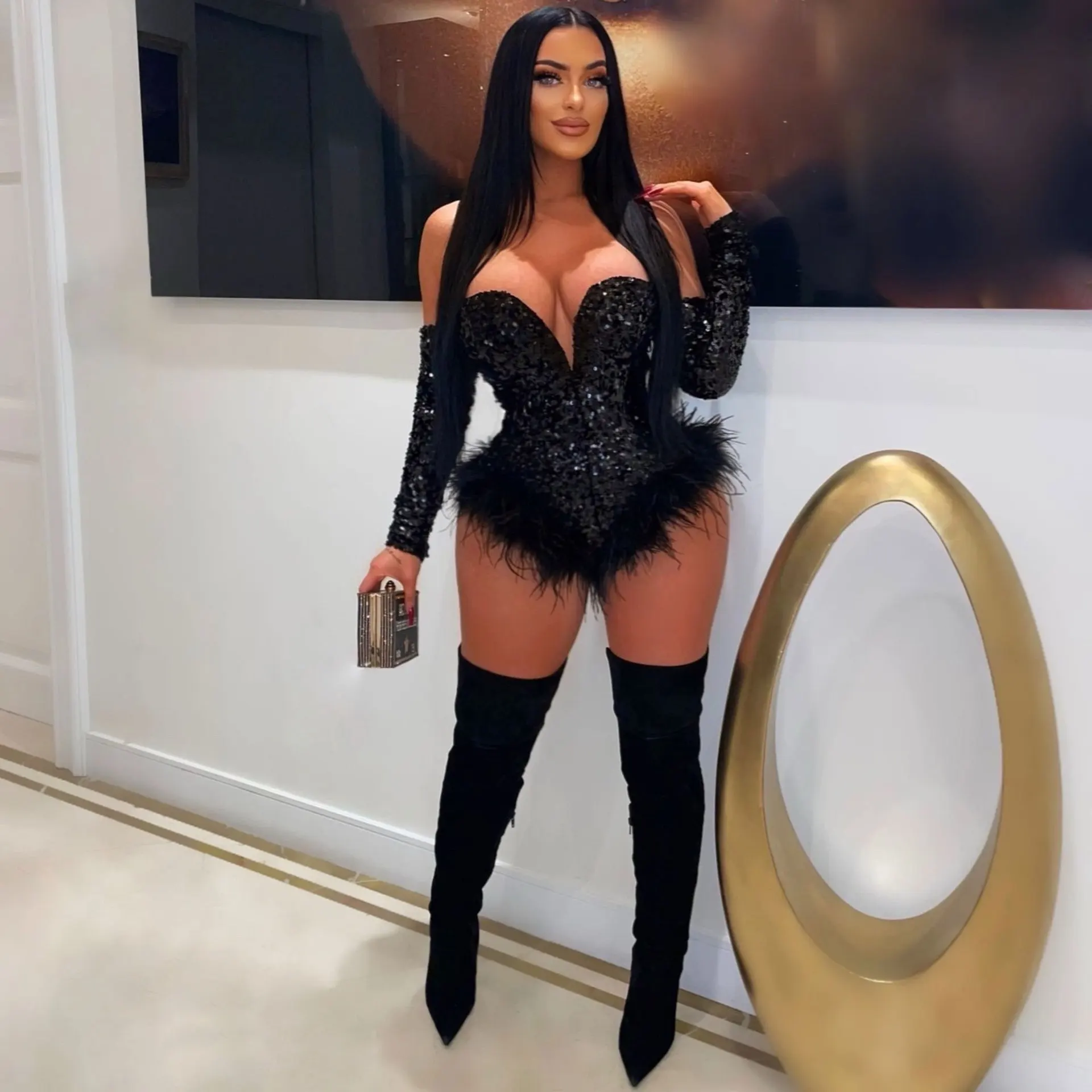 

Echoine Sequined Feather Hem Splicing Playsuit Plunging V-Neck Off Shoulder Long Sleeve Sexy Night Club Jumpsuit Women Clothing